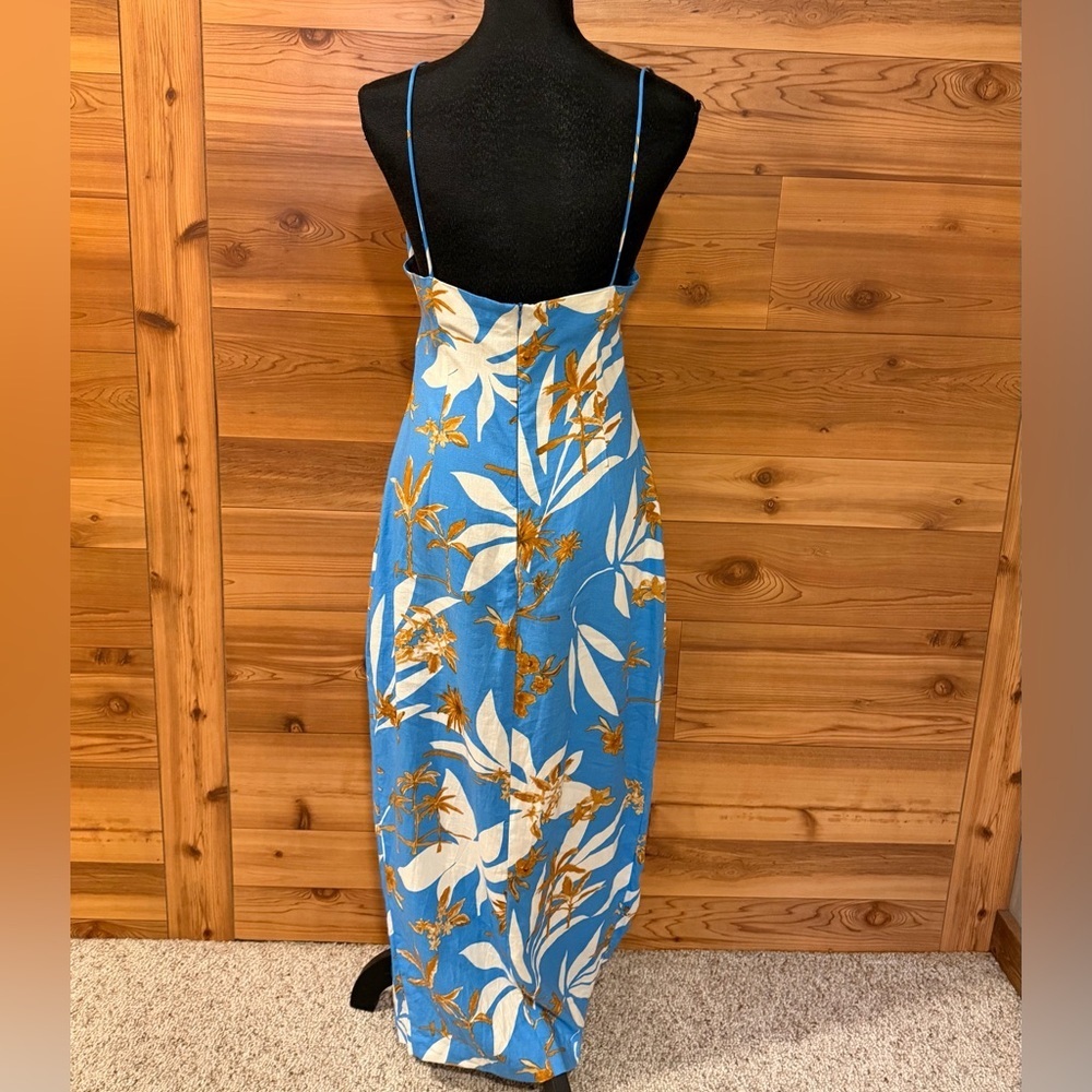 Zara Tropical Floral Blue Linen Blend Cut Out Front Slit Dress - Picture 6 of 13